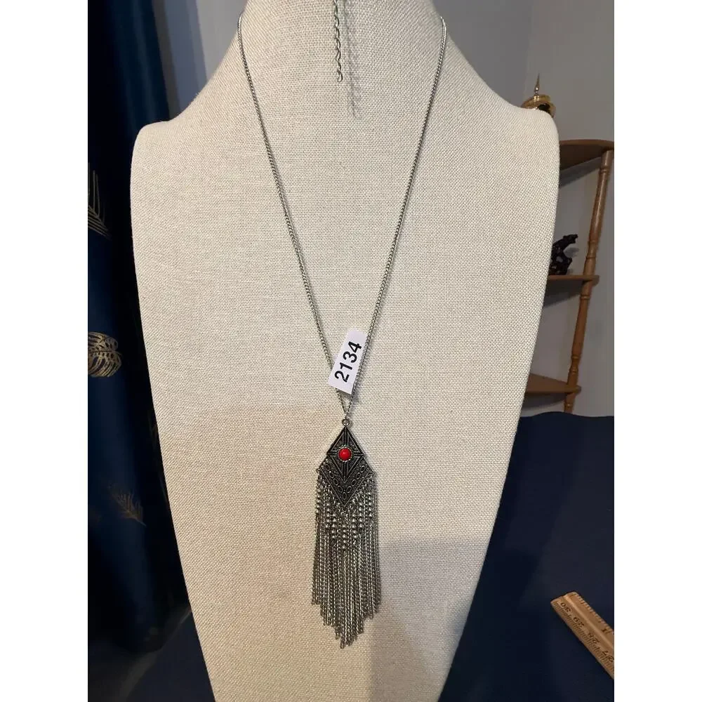 Vintage Western Silver Tone Red Cabochon Tassel Necklace 36” + 2”